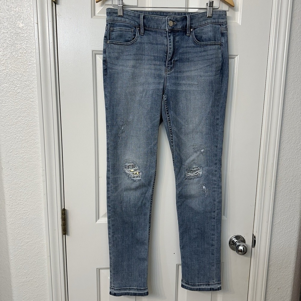 White House Black Market Slim Jeans Size 8P Blue Jeweled Distressed Denim
